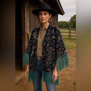 New! Double D Ranch Burnout Velvet Floral Kimono Cape Turquoise Fringe 🤠 Large